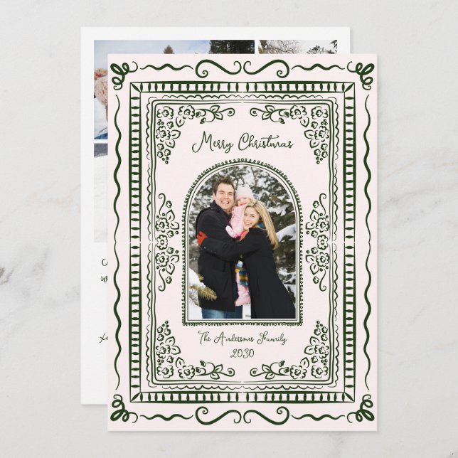 Whimsical Illustrative Christmas Five Photo Holiday Card (Front/Back)