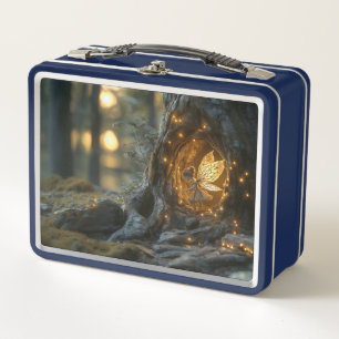 Whimsical image of a fairy in the hollow of a tree metal lunch box