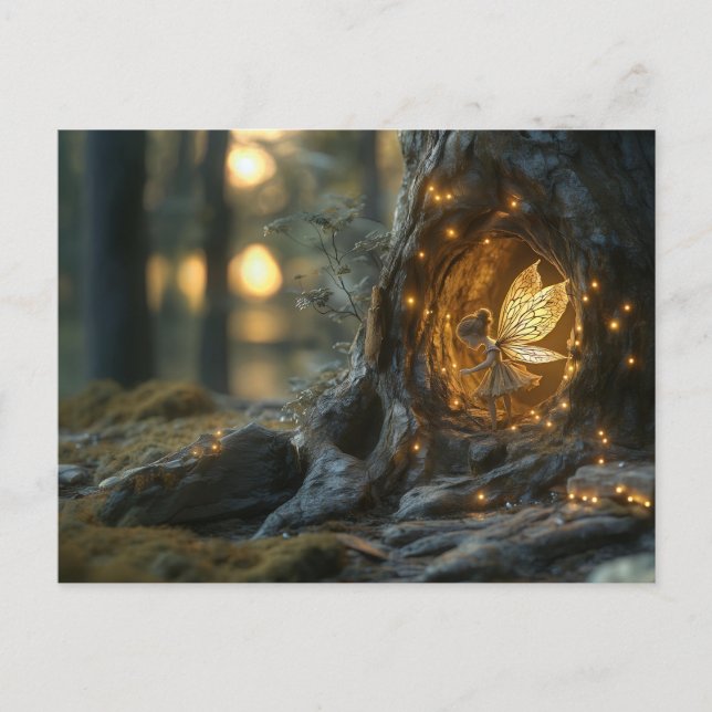 Whimsical image of a fairy in the hollow of a tree postcard (Front)