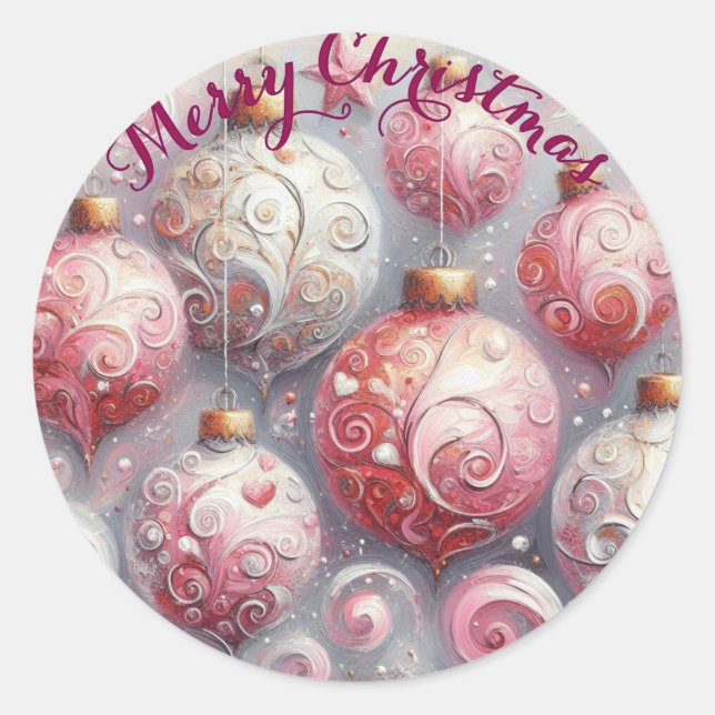Whimsical Impressionistic Christmas Ornaments Pink Classic Round Sticker (Front)