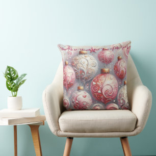 Whimsical Impressionistic Christmas Ornaments Pink Cushion