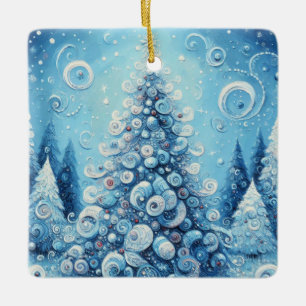 Whimsical Impressionistic Christmas Tree Blue Ceramic Ornament