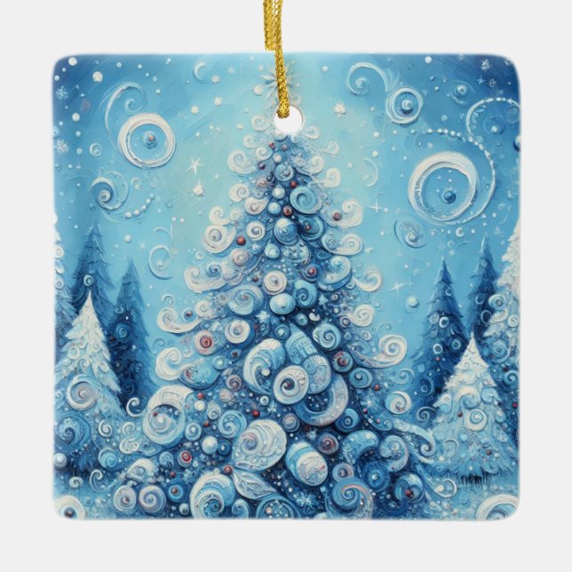 Whimsical Impressionistic Christmas Tree Blue Ceramic Ornament (Front)