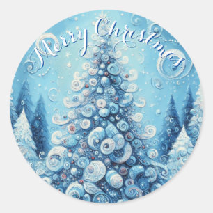 Whimsical Impressionistic Christmas Tree Blue Classic Round Sticker