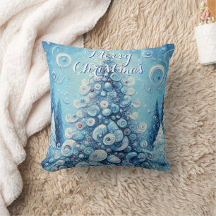Whimsical Impressionistic Christmas Tree Blue Cushion