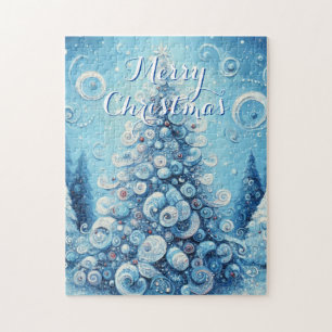 Whimsical Impressionistic Christmas Tree Blue Jigsaw Puzzle