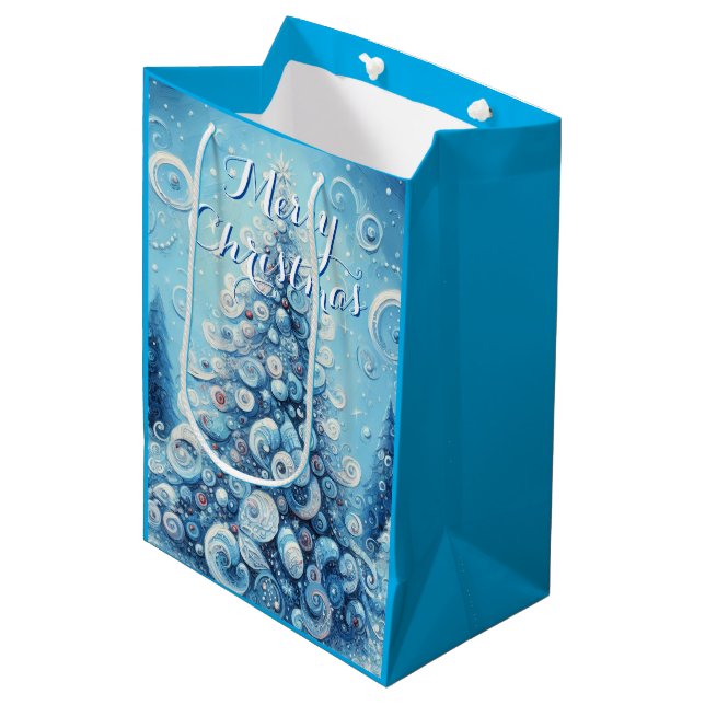 Whimsical Impressionistic Christmas Tree Blue Medium Gift Bag (Front Angled)