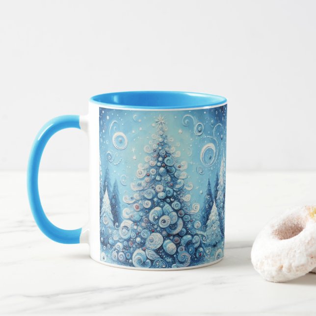 Whimsical Impressionistic Christmas Tree Blue Mug (With Donut)