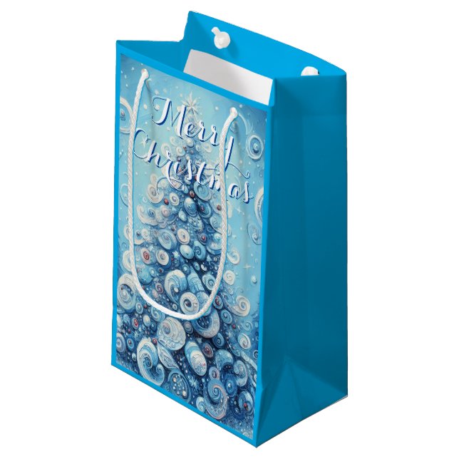 Whimsical Impressionistic Christmas Tree Blue Small Gift Bag (Front Angled)