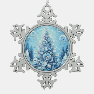 Whimsical Impressionistic Christmas Tree Blue Snowflake Pewter Christmas Ornament