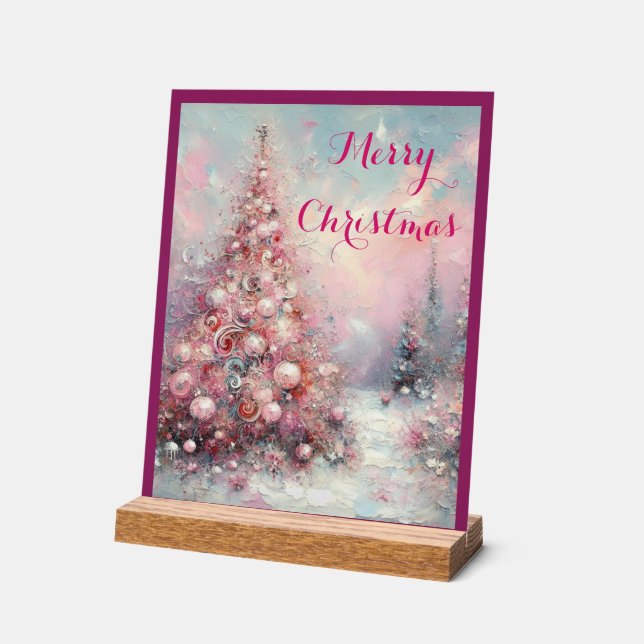 Whimsical Impressionistic Christmas Tree Pink Acrylic Sign (Angle)