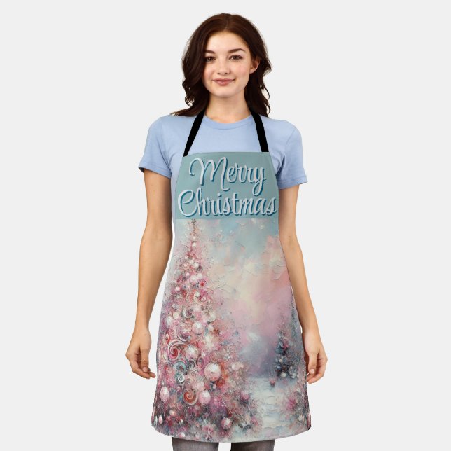 Whimsical Impressionistic Christmas Tree Pink Blue Apron (Worn)