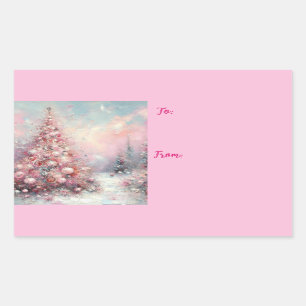 Whimsical Impressionistic Christmas Tree Pink Blue Rectangular Sticker