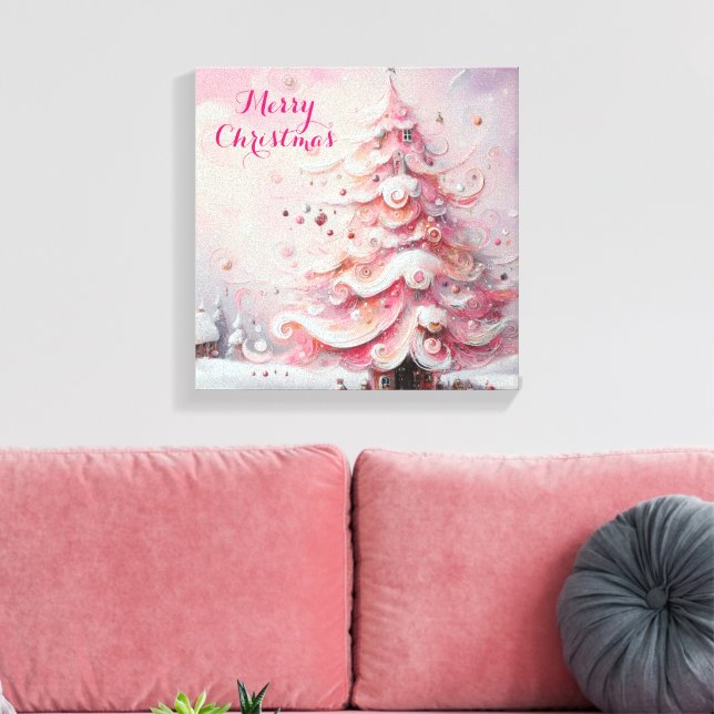 Whimsical Impressionistic Christmas Tree Pink Canvas Print (Insitu(LivingRoom))