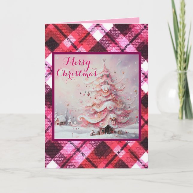 Whimsical Impressionistic Christmas Tree Pink Card (Front)