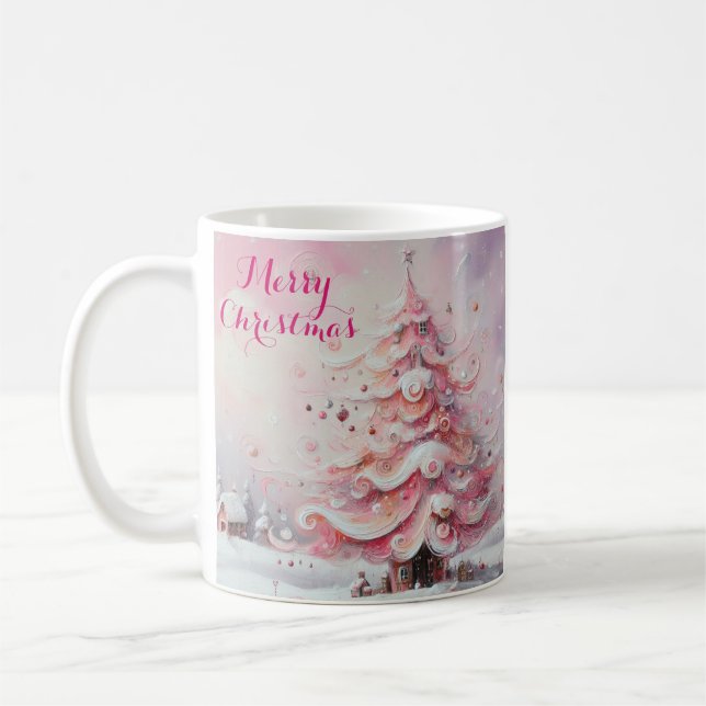 Whimsical Impressionistic Christmas Tree Pink Coffee Mug (Left)