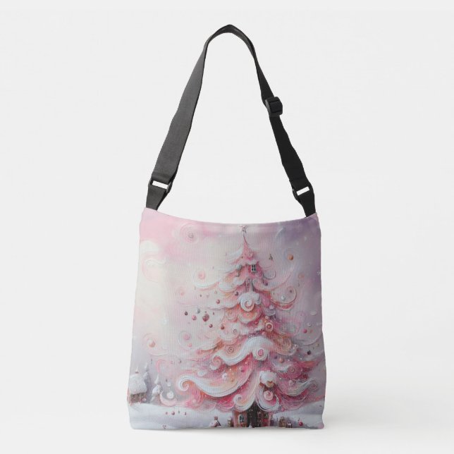 Whimsical Impressionistic Christmas Tree Pink Crossbody Bag (Front)