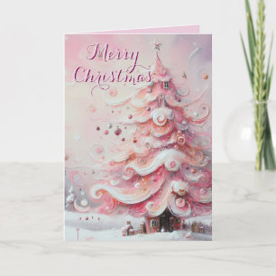 Whimsical Impressionistic Christmas Tree Pink Holiday Card