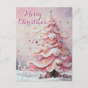 Whimsical Impressionistic Christmas Tree Pink Holiday Postcard