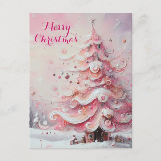 Whimsical Impressionistic Christmas Tree Pink Holiday Postcard (Front)