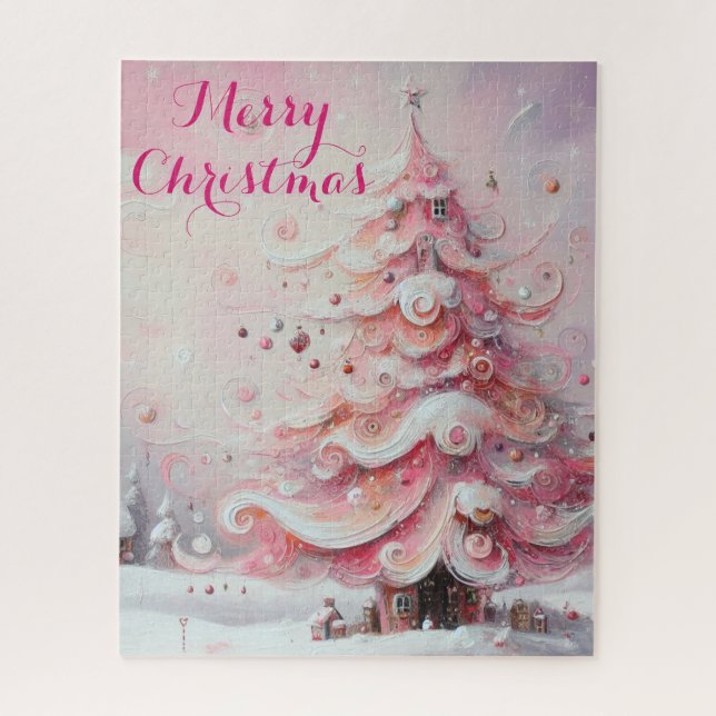 Whimsical Impressionistic Christmas Tree Pink Jigsaw Puzzle (Vertical)
