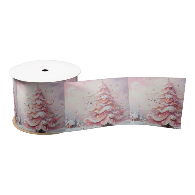Whimsical Impressionistic Christmas Tree Pink Satin Ribbon (Spool)