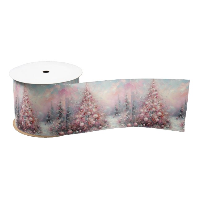 Whimsical Impressionistic Christmas Tree Satin Ribbon (Spool)