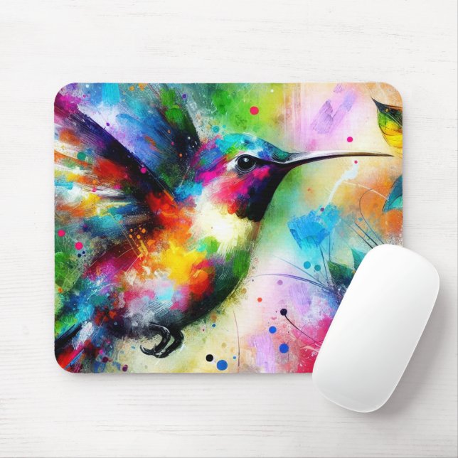 Whimsical Impressionistic Colourful Hummingbird Mouse Pad (With Mouse)