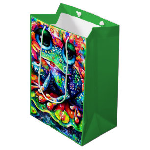 Whimsical Impressionistic Floral Frog Green Blue Medium Gift Bag