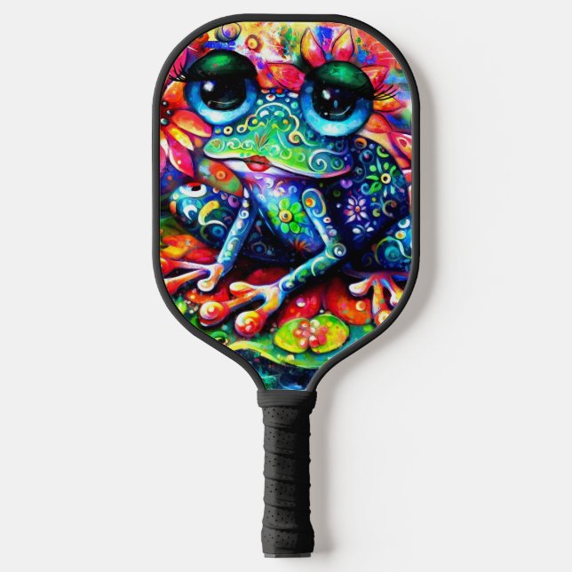 Whimsical Impressionistic Floral Frog Green Blue Pickleball Paddle (Front)