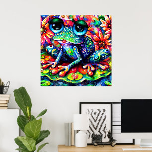 Whimsical Impressionistic Floral Frog Green Blue Poster