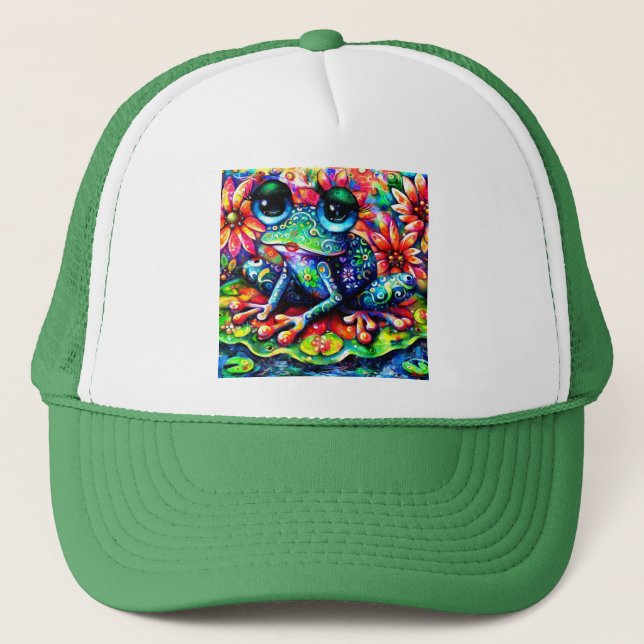 Whimsical Impressionistic Floral Frog Green Blue Trucker Hat (Front)