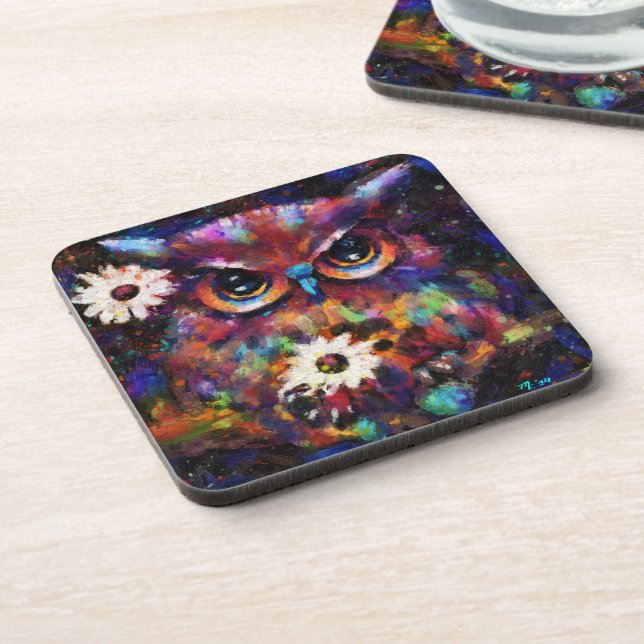 Whimsical Impressionistic Floral Owl Painting Coaster (Left Side)