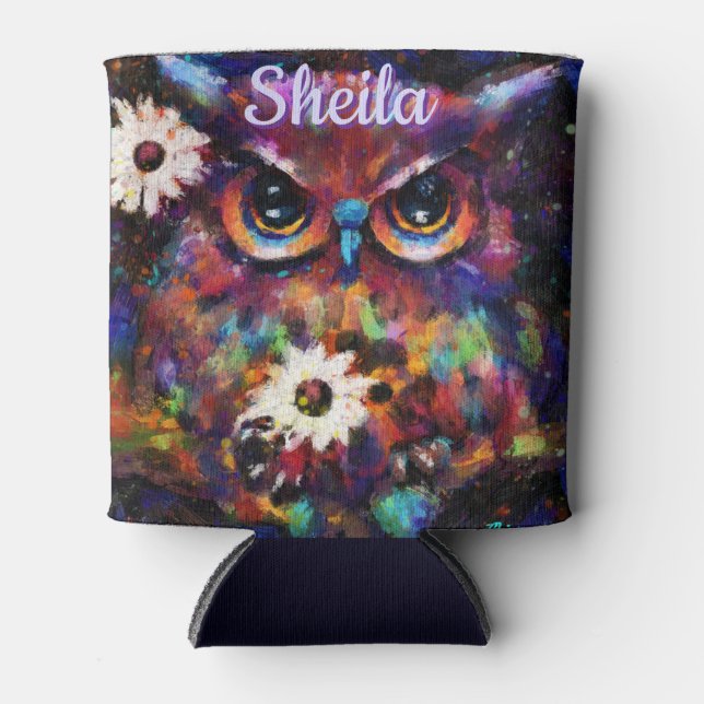 Whimsical Impressionistic Floral Owl Personalised Can Cooler (Front)
