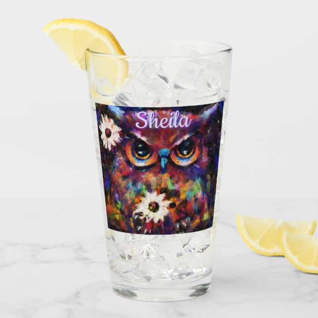 Whimsical Impressionistic Floral Owl Personalised Glass (Front Ice)