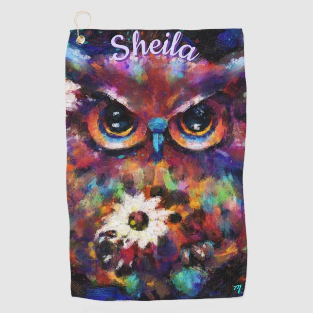 Whimsical Impressionistic Floral Owl Personalised Golf Towel (Front)