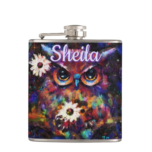 Whimsical Impressionistic Floral Owl Personalised Hip Flask (Front)