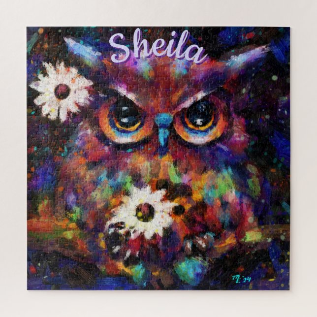 Whimsical Impressionistic Floral Owl Personalised Jigsaw Puzzle (Vertical)