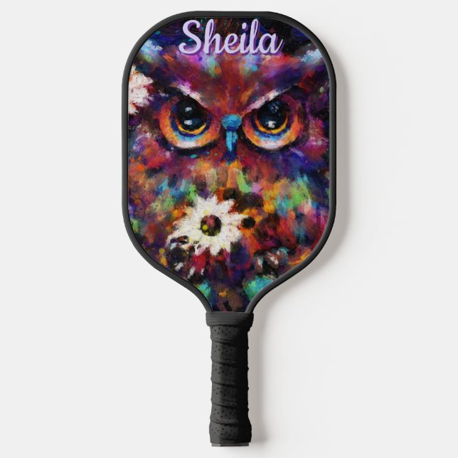 Whimsical Impressionistic Floral Owl Personalised Pickleball Paddle (Front)