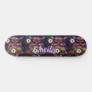 Whimsical Impressionistic Floral Owl Personalised Skateboard
