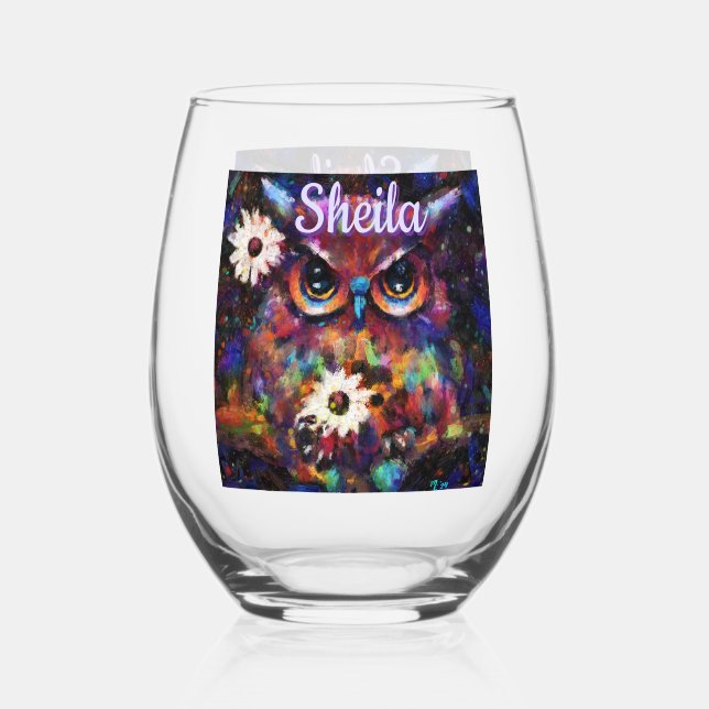Whimsical Impressionistic Floral Owl Personalised Stemless Wine Glass (Front)