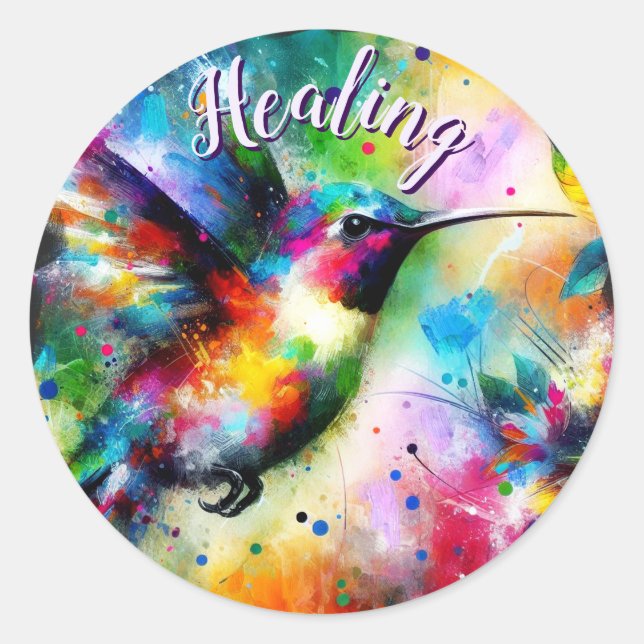 Whimsical Impressionistic Hummingbird Teal Purple  Classic Round Sticker (Front)