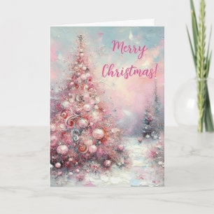 Whimsical Impressionistic Pink Christmas Tree  Holiday Card