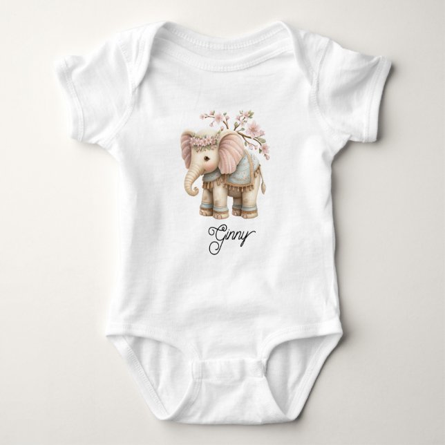Whimsical Indian Elephant with Cherry Tree Baby Bodysuit (Front)