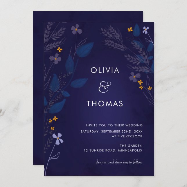 Whimsical Indigo Honey Illustration Flora Wedding Invitation (Front/Back)