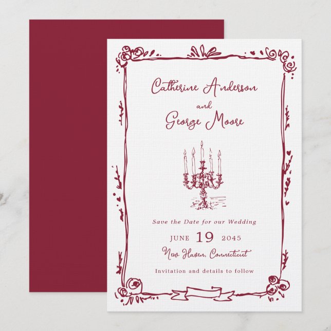 Whimsical Ink Hand Drawn Candelabra Wedding Save The Date (Front/Back)