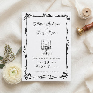 Whimsical Ink Hand Drawn Candelabra Wedding Save The Date