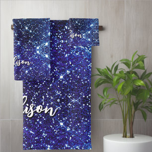 Whimsical iridescent blue Glitter monogram Bath Towel Set