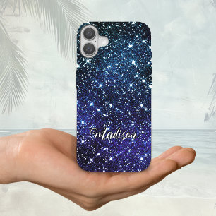 Whimsical iridescent blue Glitter monogram iPhone 16 Case