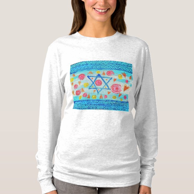 Whimsical Israeli flag shirt with flowers & hearts (Front)